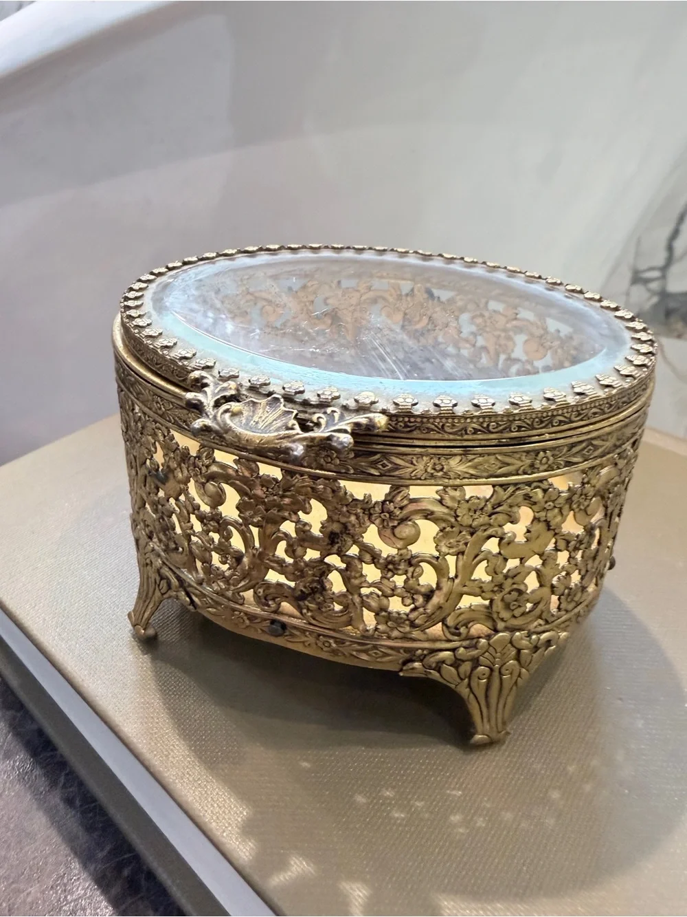 Vintage Ormolu Filigree Jewelry Casket Beveled Glass Hollywood Regency